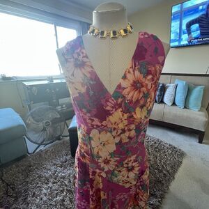 Covington Womans Babydoll Maxi Dress Pink Multi Floral Sleeveless Sheer Fairy 14